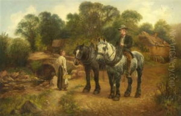 Bauer Mit Pferden Vor Dem Dorf Im Gesprach Mit Einer Magd Oil Painting by Wilson Hepple