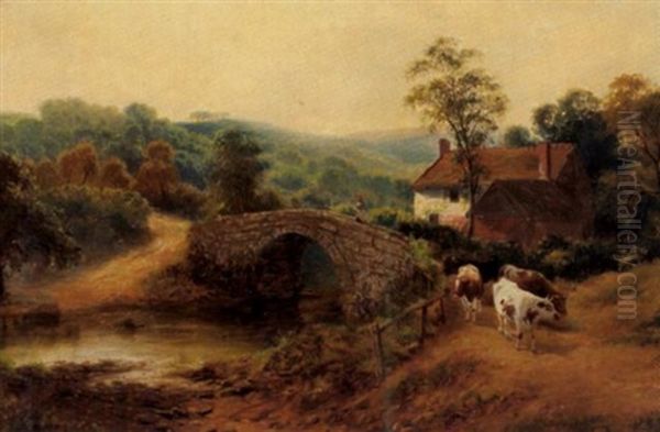 Landschaft Mit Heimkehrender Kuhherde Auf Einer Steinbrucke Oil Painting by Wilson Hepple