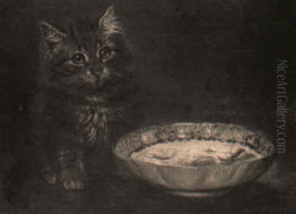 A Kitten Waiting By A Blue And White Dish Oil Painting by Wilson Hepple