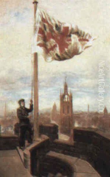 Hoisting The Union Flag, Newcastle, St. Nicolas' Cathedral Beyond Oil Painting by Wilson Hepple