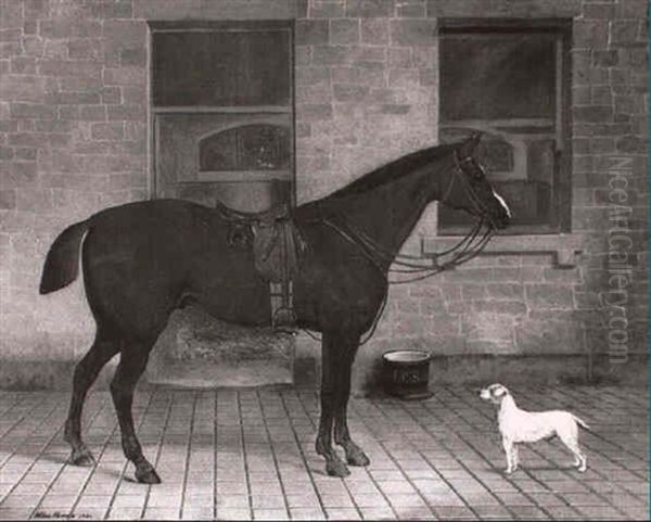 Portrait Of A Chestnut Hunter, Saddled Outside A Stable Oil Painting by Wilson Hepple