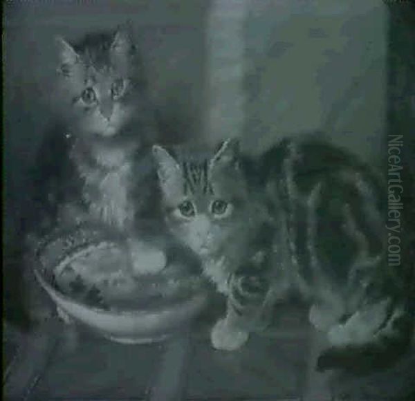 Tabby Kittens And A Chinese Bowl Oil Painting by Wilson Hepple