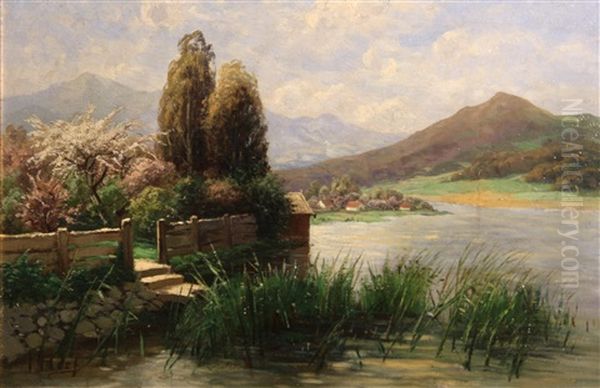 A Garden At River's Edge With Mountains In The Distance Oil Painting by Theodor Her