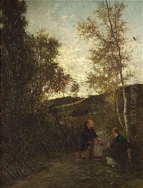 Zwei Frauen Mit Einem Kind Und Hund In Wolkenverhangener Landschaft Oil Painting by Theodor Her