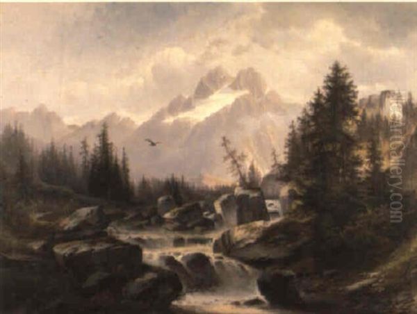 Alpine Stream Oil Painting by Theodor Her