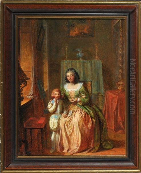 Dame Und Kleiner Prinz Im Palastzimmer Oil Painting by Charles Auguste Herbe