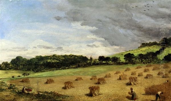 Landscape With Hay Stooks Oil Painting by John Rogers Herbert