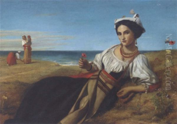 A Girl Collecting Poppies Reclining In A Coastal Landscape Oil Painting by John Rogers Herbert