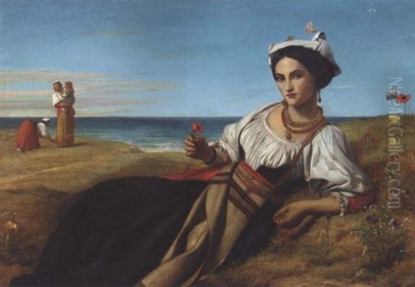 A Girl Collecting Poppies, Reclining In A Coastal Landscape Oil Painting by John Rogers Herbert