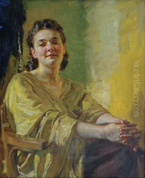 Maryla W Zoltej Draperii Oil Painting by Boleslaw Barbacki