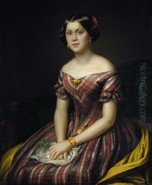 Bildnis Einer Jungen Dame Im Gestreiften Kleid Mit Goldschmuck Und Blumen (die Nichte Des Kunstlers) Oil Painting by Wilhelm Ernst Herbig