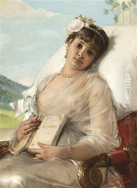 Young Woman Lost In Thought (1882) Oil Painting by Leon Herbo