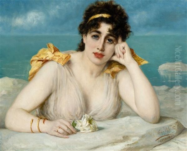 Woman With White Rose In Front Of The Sea Oil Painting by Leon Herbo