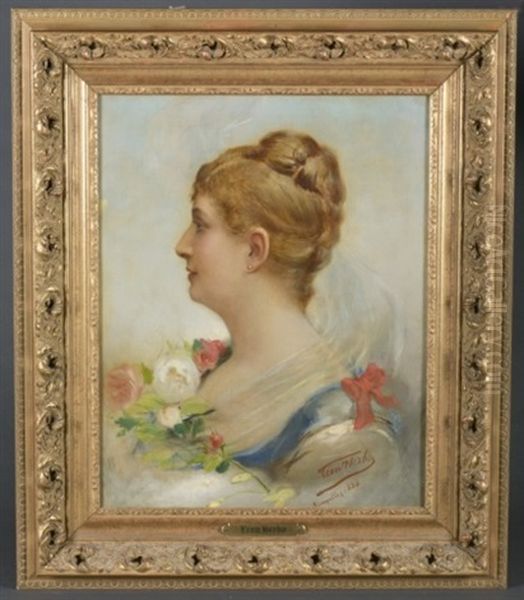 Portrait Of Woman In White With Flowers Oil Painting by Leon Herbo