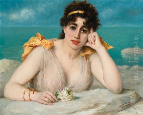 Femme Avec Rose Blanche Devant La Mer Oil Painting by Leon Herbo