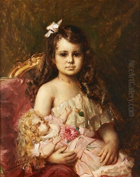 Portrait De Fillette A La Poupee Rose Oil Painting by Leon Herbo