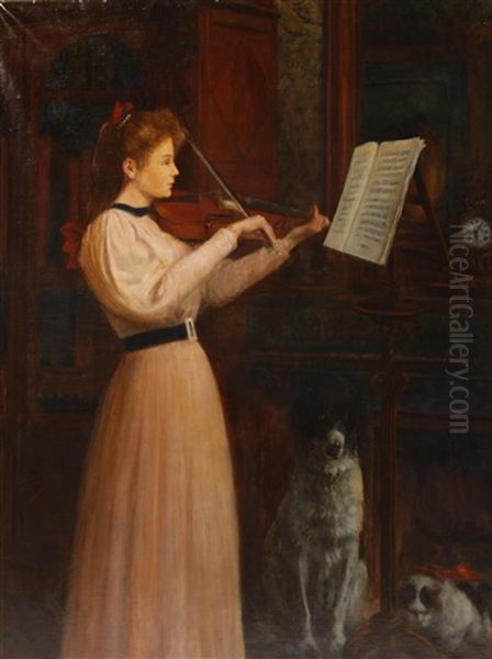 A Woman Playing A Violin Oil Painting by Leon Herbo