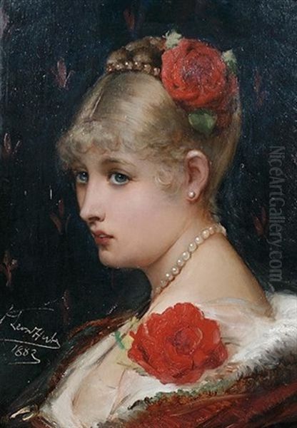 Roses And Pearls - Portrait Of A Young Woman Oil Painting by Leon Herbo