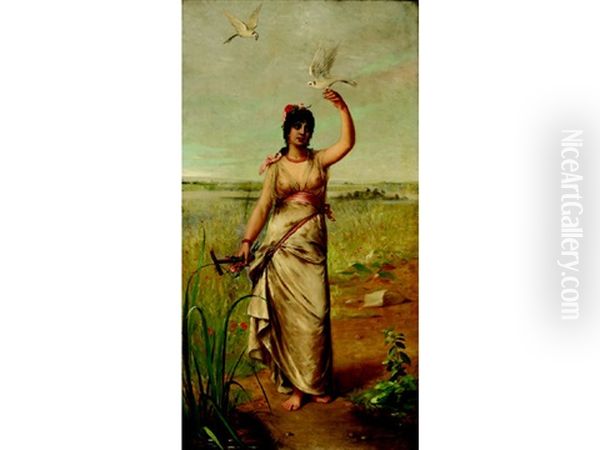 Portrait Of An Exotic Beautry Holding A Dove Oil Painting by Leon Herbo