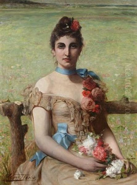 Portrait Of A Woman Holding Flowers by Leon Herbo