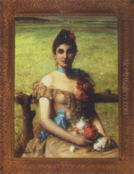 Girl Holding A Posy Oil Painting by Leon Herbo