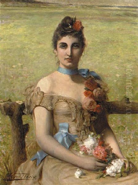 Girl Holding A Posy Oil Painting by Leon Herbo