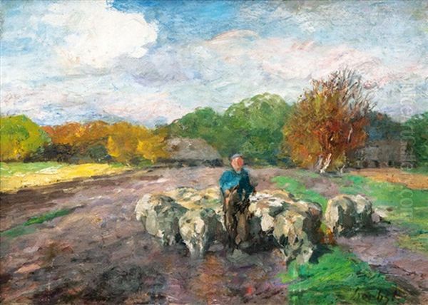 Shepherd With Flock Oil Painting by Thomas Herbst