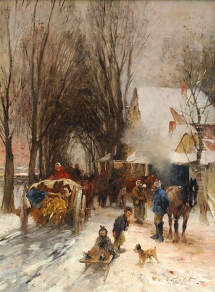 Busy Winterly Village Street Oil Painting by Thomas Herbst