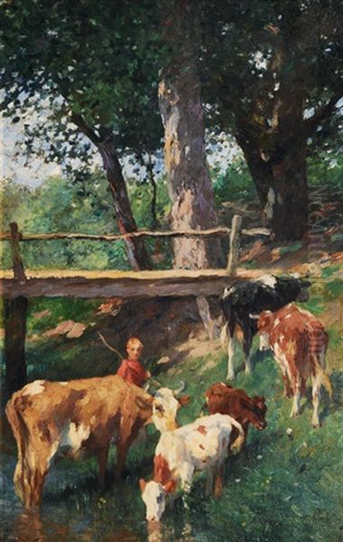 Cows By The Creek Oil Painting by Thomas Herbst