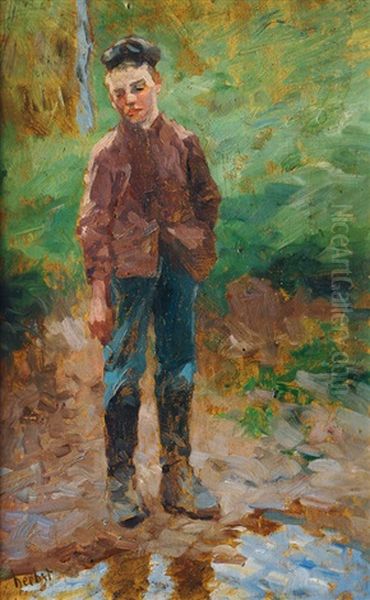 Boy At The Edge Of A Pond Oil Painting by Thomas Herbst