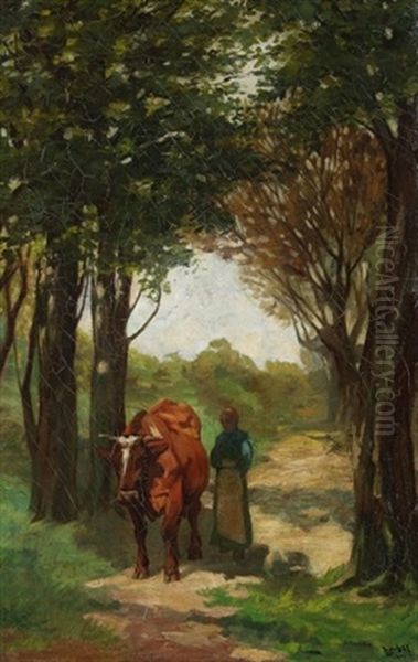 Kuhhirtin Auf Einem Waldweg Oil Painting by Thomas Herbst