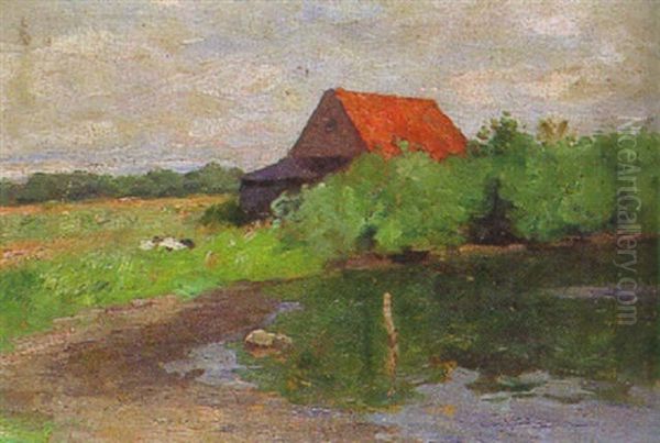 Haus Mit Rotem Dach An Einem Weiher Oil Painting by Thomas Herbst