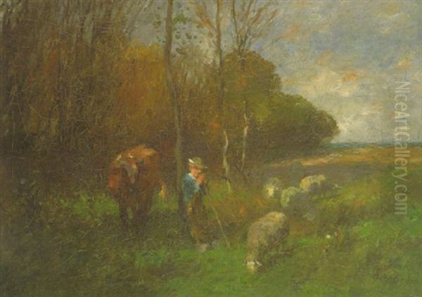 Hirtenknabe Mit Seiner Herde In Landschaft Oil Painting by Thomas Herbst