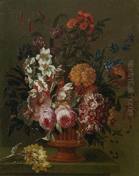 Roses, Narcissi And Other Flowers In A Vase Oil Painting by Jacobus Melchior van Herck