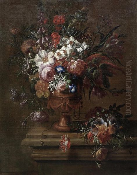 Roses, Narcissi, Morning Glory And Other Flowers In A Terracotta Vase On A Stone Ledge Oil Painting by Jacobus Melchior van Herck