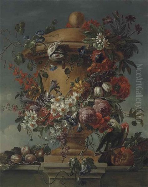 A Garland Of Roses, Narcissi, Morning Glory And Other Flowers On An Urn, With A Parrot, A Pomegranate And Plums On A Stone Ledge Oil Painting by Jacobus Melchior van Herck