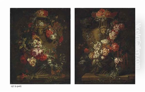 A Garland Of Roses, Peonies, Daffodils, Tulips, Morning Glories And Other Flowers And A Garland Of Peonies, Roses, Snowball, Tulips, Hyacinths (pair) Oil Painting by Jacobus Melchior van Herck