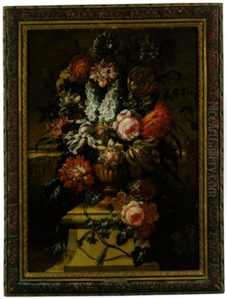 Blumenstraus Mit Rosen, Tulpen, Pfingstrosen Und Anderen Bluten In Einer Skulptierten Vase Oil Painting by Jacobus Melchior van Herck