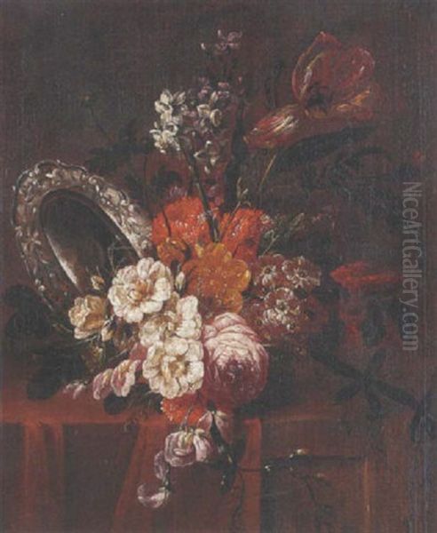 Roses, Parrot Tulips, Chrysanthemums, Narcissi And Other Flowers In A Vase With A Silver Plate On A Partly Draped Table Oil Painting by Jacobus Melchior van Herck