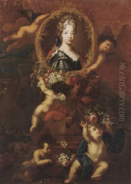 Portrait Of Maria Luisa Of Savoy, Queen Of Spain, In A Garland Held Aloft By Putti With Flowers In A Landscape Oil Painting by Jacobus Melchior van Herck