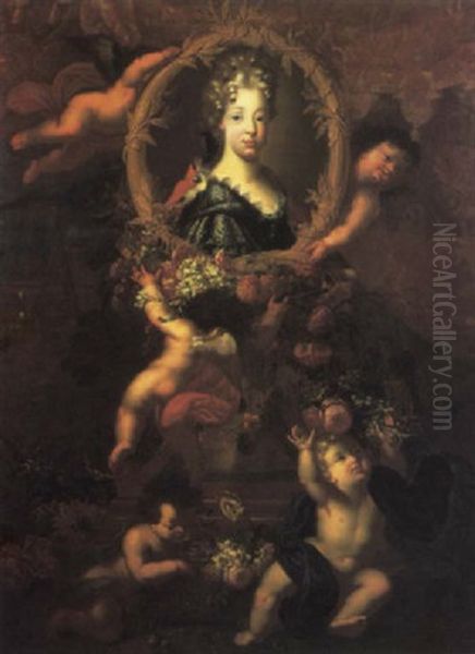 Portrait Of Maria Luisa Of Savoy, Queen Of Spain, In A Cartouche Decorated With Garlands, A Classical Landscape Beyond Oil Painting by Jacobus Melchior van Herck