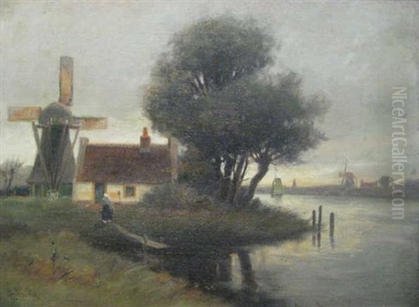 Dutch Cottage With Windmill Oil Painting by George Linton Herdle