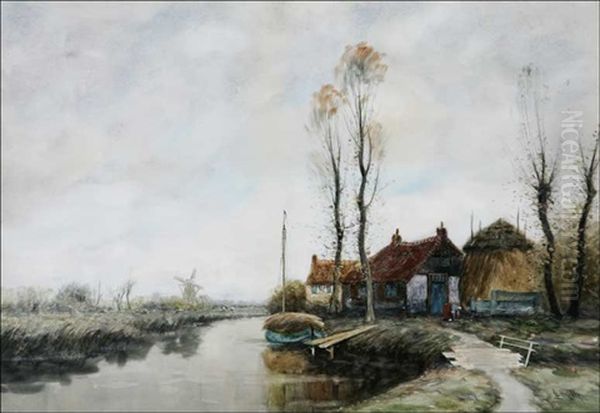 Dutch Cottage In River Landscape Oil Painting by George Linton Herdle