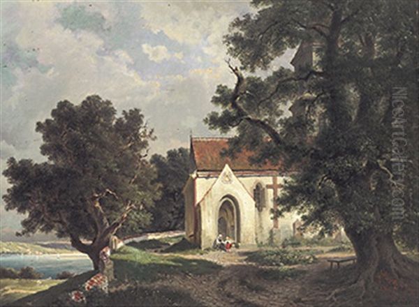 Blick Auf Die St. Georgskirche In Allmannsdorf Bei Konstanz Mit Blick Auf Meersburg Am Gegenuberliegenden Ufer Oil Painting by Hermann Herdtle