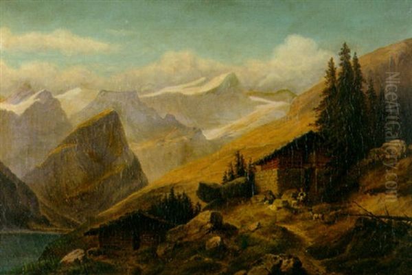 An Alpine Landscape With A Goatherd And Goats By A Cabin In The Foreground by Hermann Herdtle