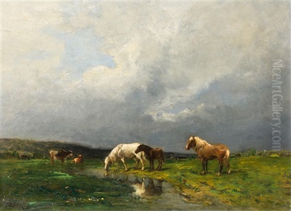 Pferde Auf Der Weide Oil Painting by Jules Hereau