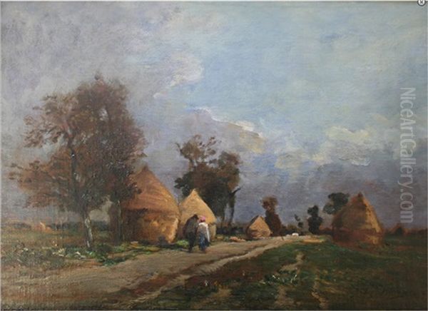 Two Figures On A Path Near Haystacks Oil Painting by Jules Hereau