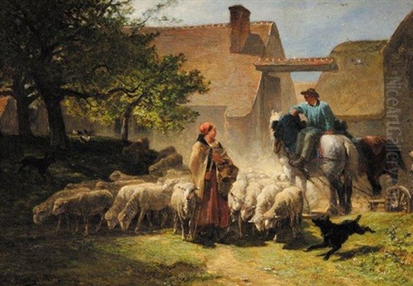 Rencontre Sur La Route Du Paturage Oil Painting by Jules Hereau