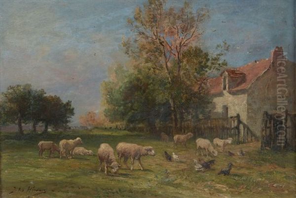 Moutons Et Poules Oil Painting by Jules Hereau