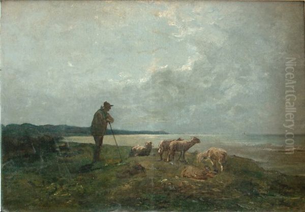 Moutons Et Berger Oil Painting by Jules Hereau